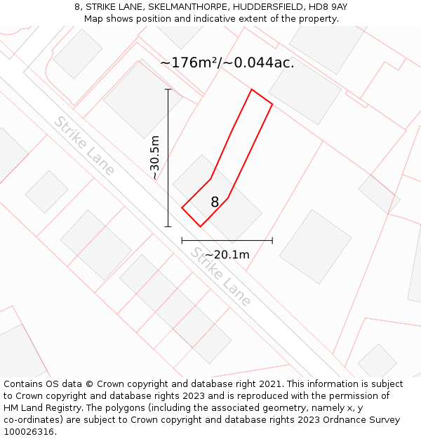 8, STRIKE LANE, SKELMANTHORPE, HUDDERSFIELD, HD8 9AY: Plot and title map