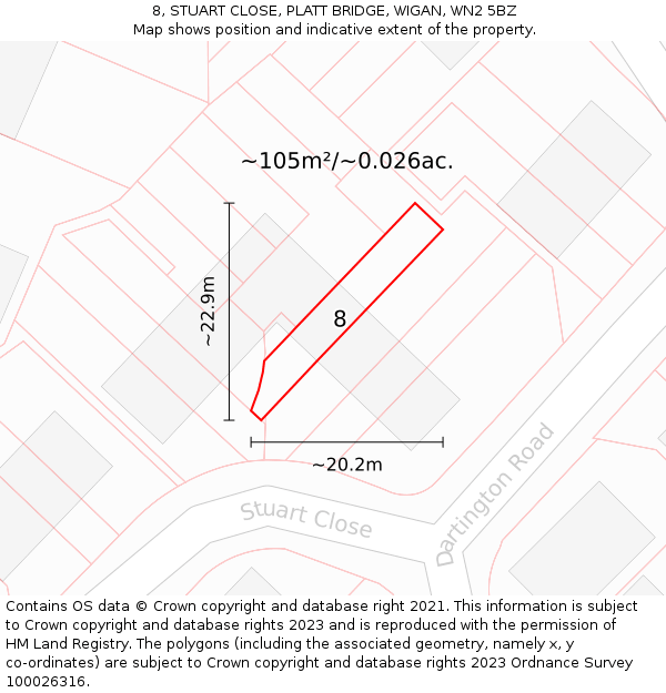 8, STUART CLOSE, PLATT BRIDGE, WIGAN, WN2 5BZ: Plot and title map