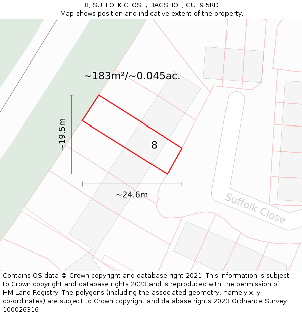 8, SUFFOLK CLOSE, BAGSHOT, GU19 5RD: Plot and title map