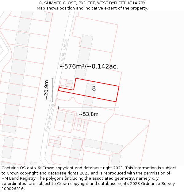 8, SUMMER CLOSE, BYFLEET, WEST BYFLEET, KT14 7RY: Plot and title map