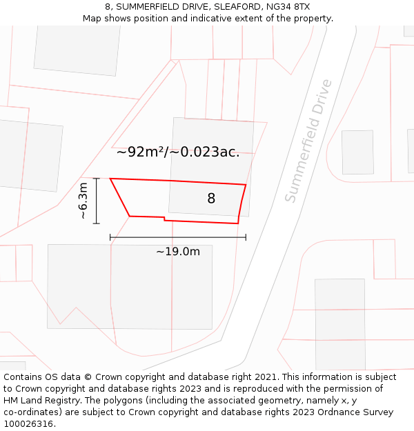 8, SUMMERFIELD DRIVE, SLEAFORD, NG34 8TX: Plot and title map