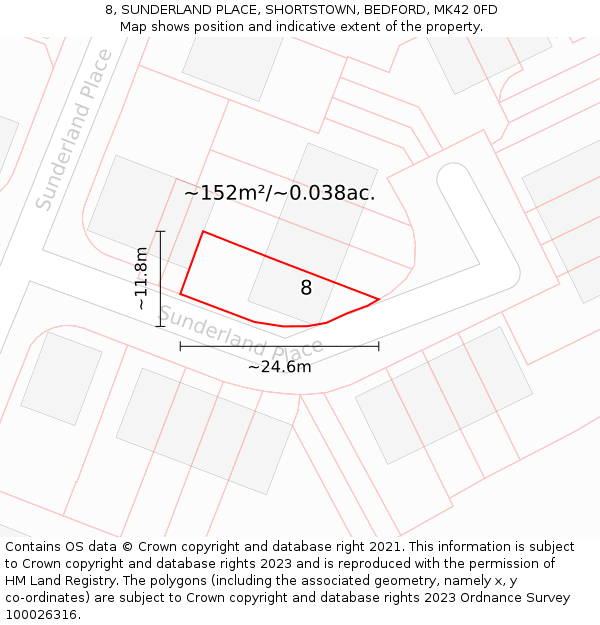 8, SUNDERLAND PLACE, SHORTSTOWN, BEDFORD, MK42 0FD: Plot and title map