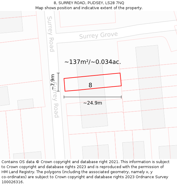 8, SURREY ROAD, PUDSEY, LS28 7NQ: Plot and title map