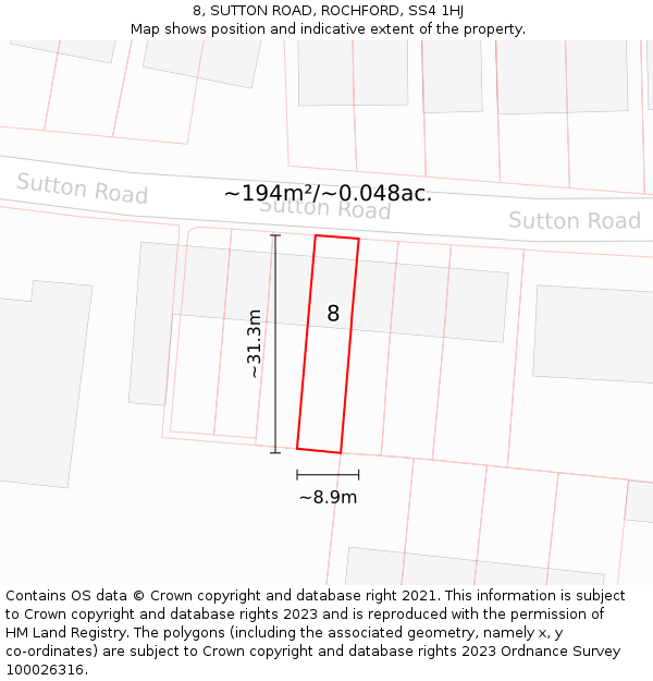 8, SUTTON ROAD, ROCHFORD, SS4 1HJ: Plot and title map