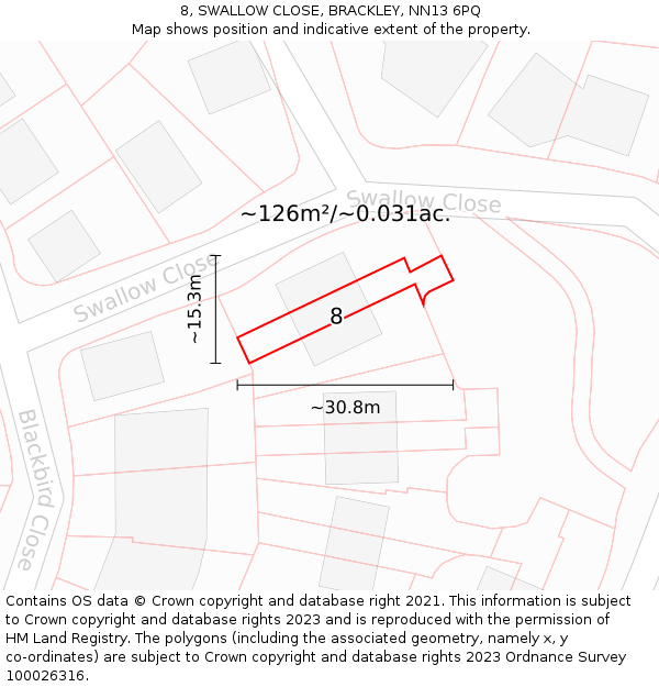 8, SWALLOW CLOSE, BRACKLEY, NN13 6PQ: Plot and title map