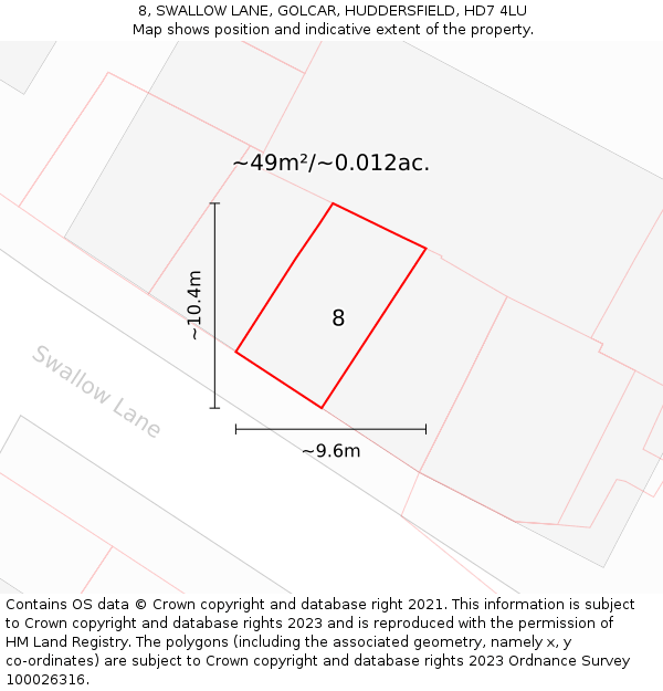 8, SWALLOW LANE, GOLCAR, HUDDERSFIELD, HD7 4LU: Plot and title map