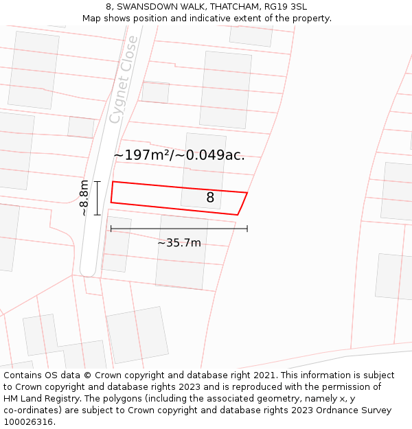 8, SWANSDOWN WALK, THATCHAM, RG19 3SL: Plot and title map