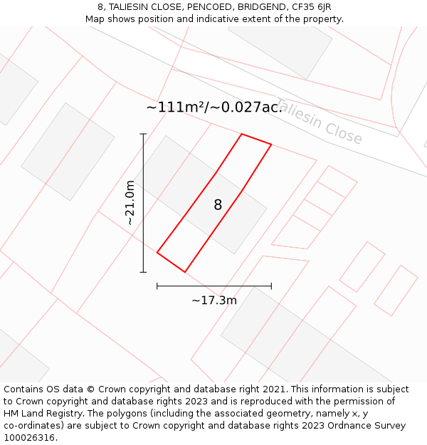 8, TALIESIN CLOSE, PENCOED, BRIDGEND, CF35 6JR: Plot and title map
