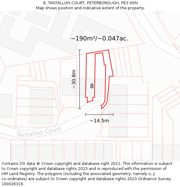 8, TANTALLON COURT, PETERBOROUGH, PE3 6SN: Plot and title map