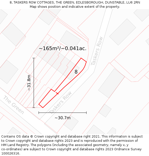 8, TASKERS ROW COTTAGES, THE GREEN, EDLESBOROUGH, DUNSTABLE, LU6 2RN: Plot and title map