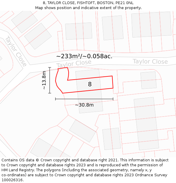 8, TAYLOR CLOSE, FISHTOFT, BOSTON, PE21 0NL: Plot and title map