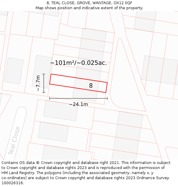 8, TEAL CLOSE, GROVE, WANTAGE, OX12 0QF: Plot and title map