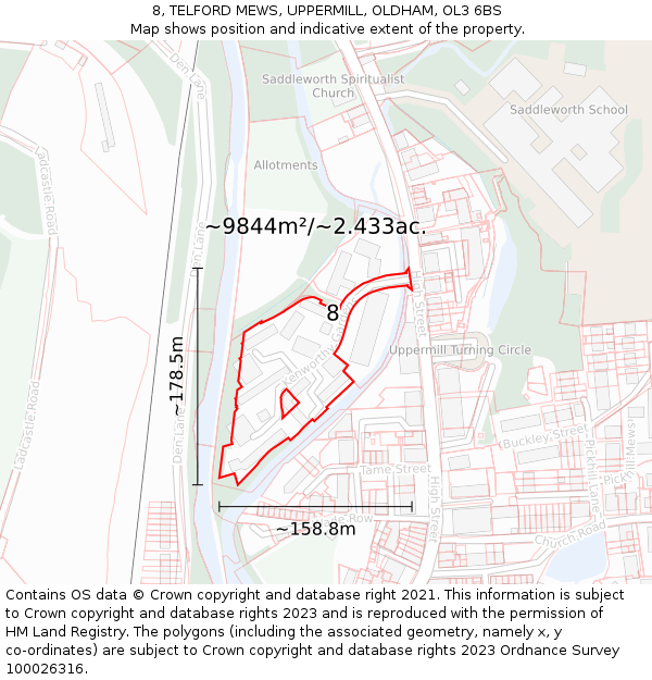 8, TELFORD MEWS, UPPERMILL, OLDHAM, OL3 6BS: Plot and title map