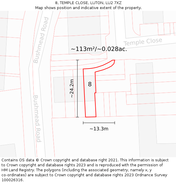 8, TEMPLE CLOSE, LUTON, LU2 7XZ: Plot and title map