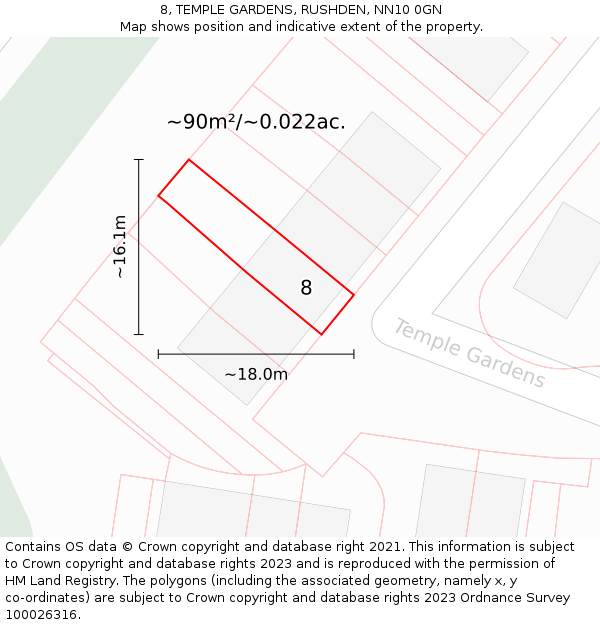 8, TEMPLE GARDENS, RUSHDEN, NN10 0GN: Plot and title map