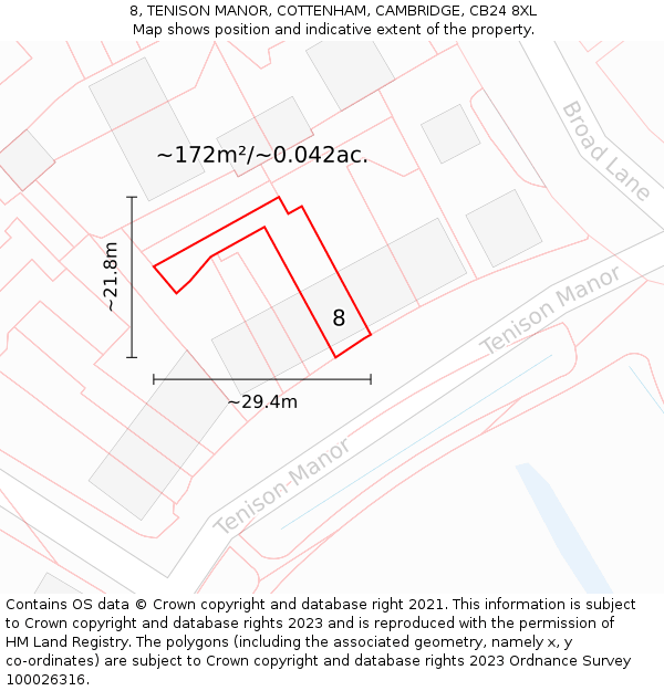 8, TENISON MANOR, COTTENHAM, CAMBRIDGE, CB24 8XL: Plot and title map