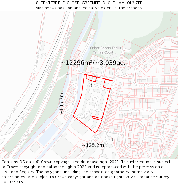 8, TENTERFIELD CLOSE, GREENFIELD, OLDHAM, OL3 7FP: Plot and title map