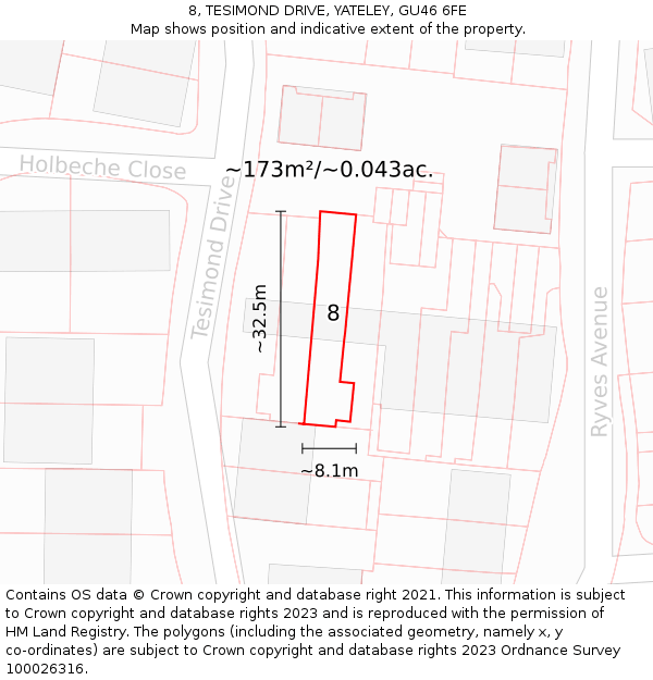 8, TESIMOND DRIVE, YATELEY, GU46 6FE: Plot and title map
