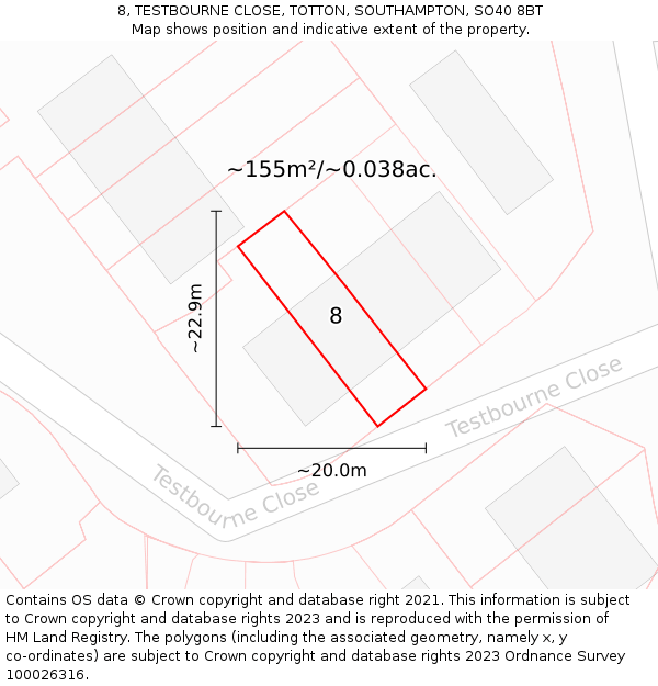 8, TESTBOURNE CLOSE, TOTTON, SOUTHAMPTON, SO40 8BT: Plot and title map