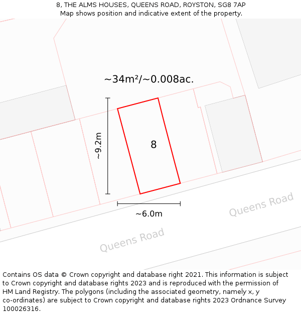 8, THE ALMS HOUSES, QUEENS ROAD, ROYSTON, SG8 7AP: Plot and title map