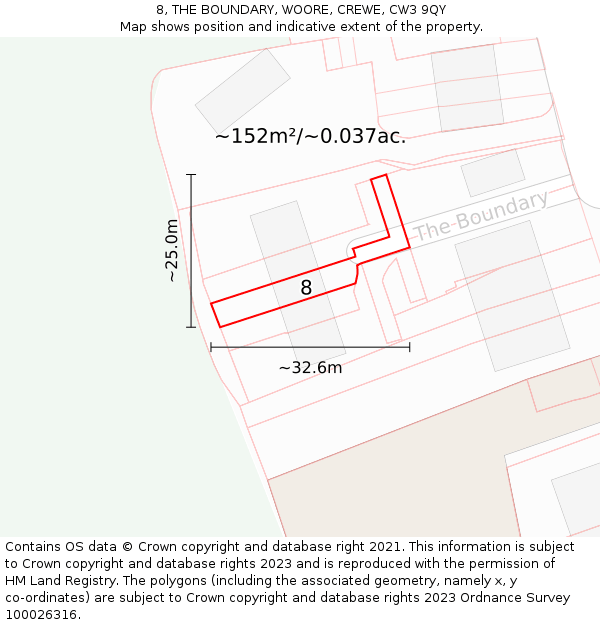 8, THE BOUNDARY, WOORE, CREWE, CW3 9QY: Plot and title map