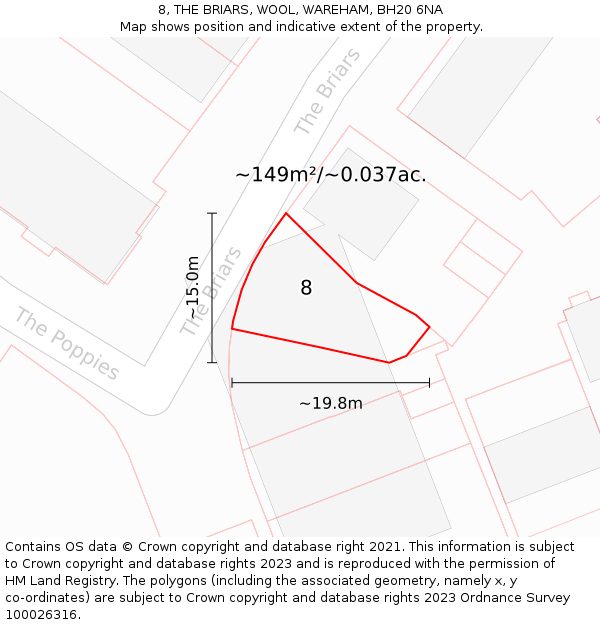 8, THE BRIARS, WOOL, WAREHAM, BH20 6NA: Plot and title map