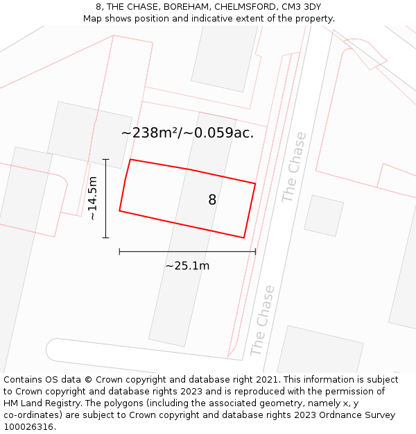8, THE CHASE, BOREHAM, CHELMSFORD, CM3 3DY: Plot and title map