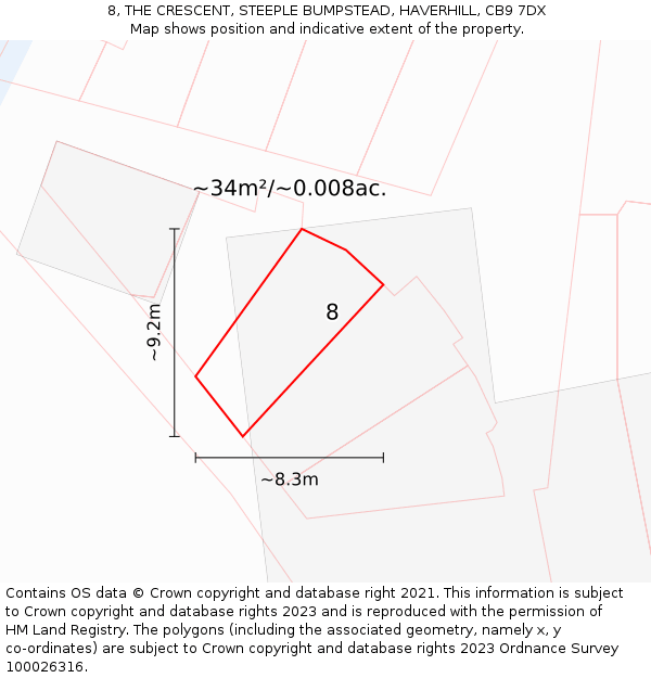 8, THE CRESCENT, STEEPLE BUMPSTEAD, HAVERHILL, CB9 7DX: Plot and title map