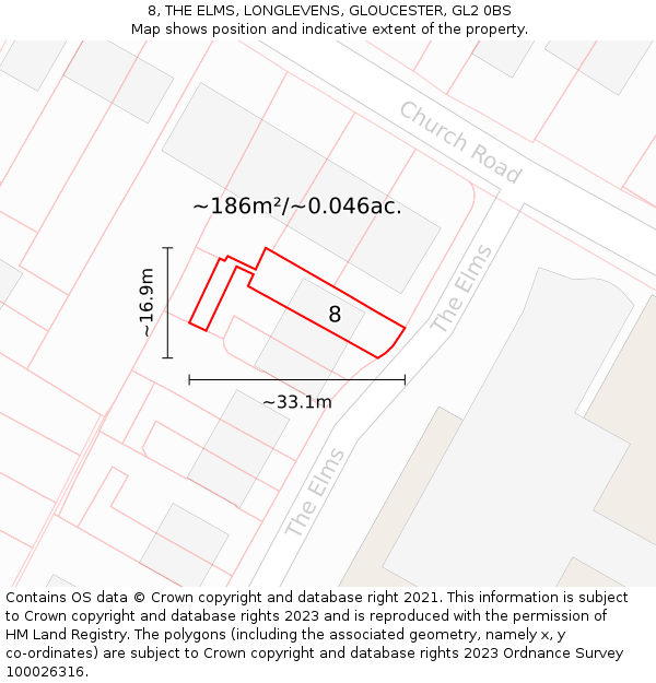 8, THE ELMS, LONGLEVENS, GLOUCESTER, GL2 0BS: Plot and title map