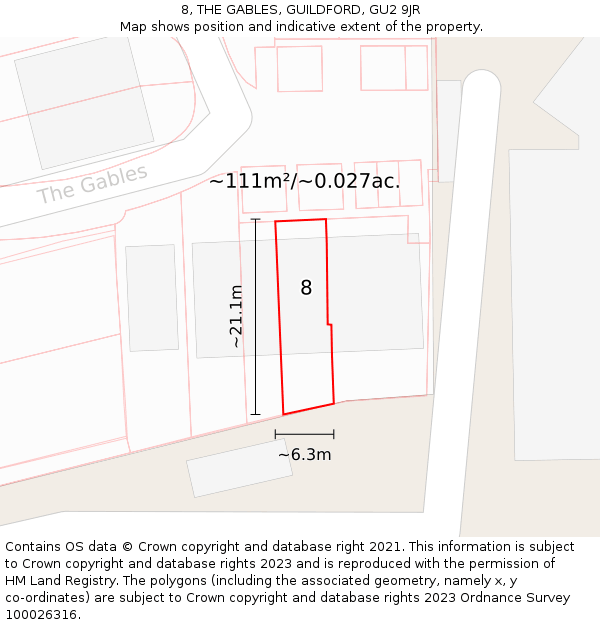 8, THE GABLES, GUILDFORD, GU2 9JR: Plot and title map