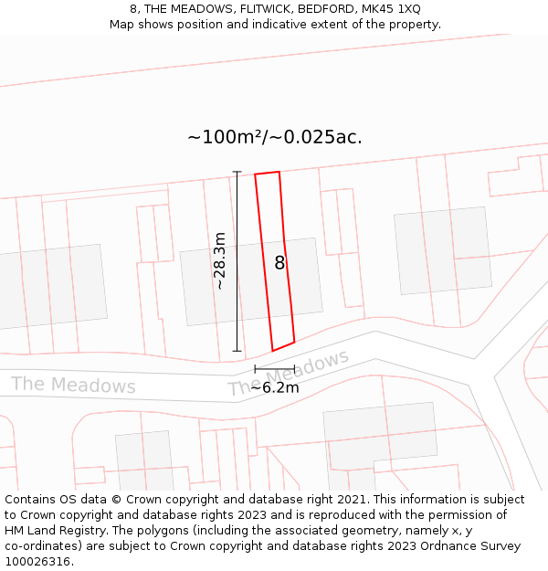 8, THE MEADOWS, FLITWICK, BEDFORD, MK45 1XQ: Plot and title map