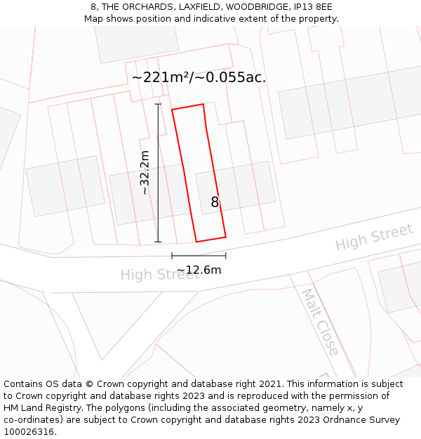 8, THE ORCHARDS, LAXFIELD, WOODBRIDGE, IP13 8EE: Plot and title map