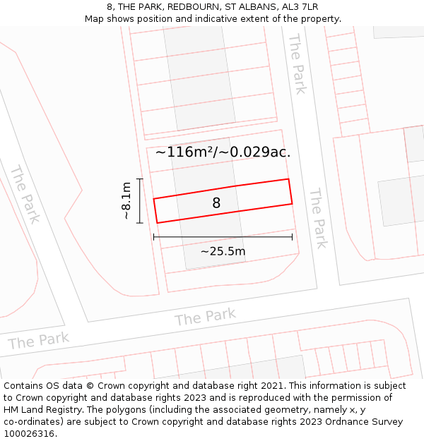 8, THE PARK, REDBOURN, ST ALBANS, AL3 7LR: Plot and title map
