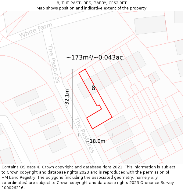 8, THE PASTURES, BARRY, CF62 9ET: Plot and title map