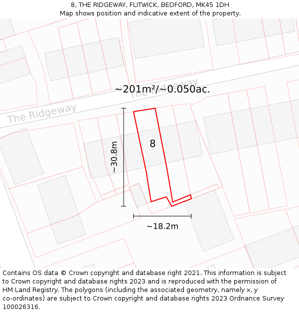 8, THE RIDGEWAY, FLITWICK, BEDFORD, MK45 1DH: Plot and title map