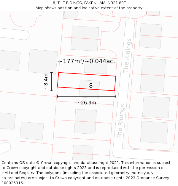 8, THE RIDINGS, FAKENHAM, NR21 8PE: Plot and title map