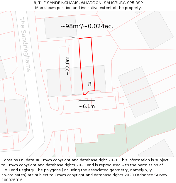 8, THE SANDRINGHAMS, WHADDON, SALISBURY, SP5 3SP: Plot and title map