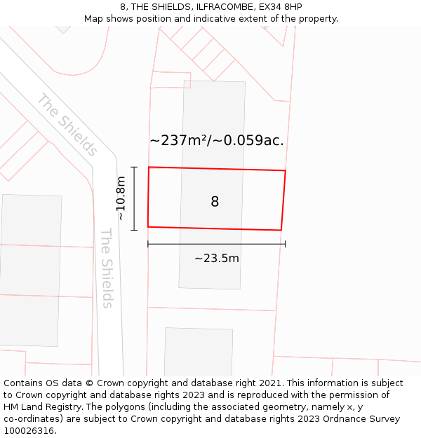 8, THE SHIELDS, ILFRACOMBE, EX34 8HP: Plot and title map