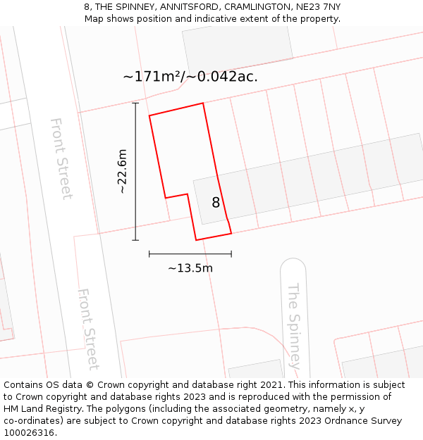 8, THE SPINNEY, ANNITSFORD, CRAMLINGTON, NE23 7NY: Plot and title map