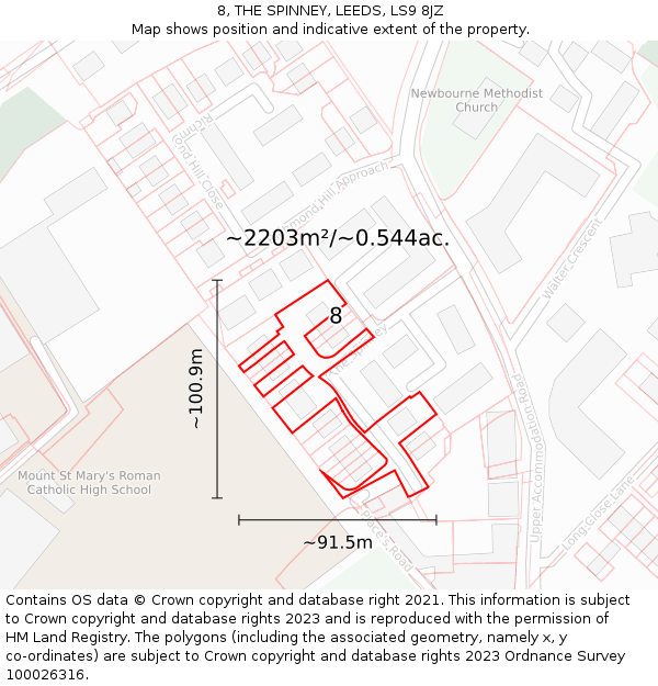 8, THE SPINNEY, LEEDS, LS9 8JZ: Plot and title map