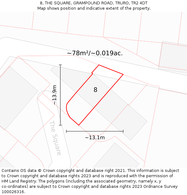 8, THE SQUARE, GRAMPOUND ROAD, TRURO, TR2 4DT: Plot and title map