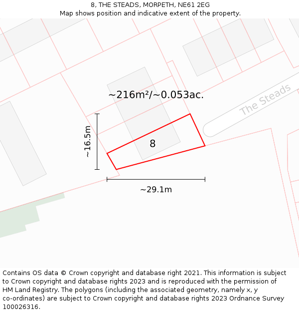 8, THE STEADS, MORPETH, NE61 2EG: Plot and title map