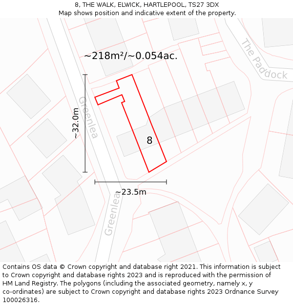 8, THE WALK, ELWICK, HARTLEPOOL, TS27 3DX: Plot and title map