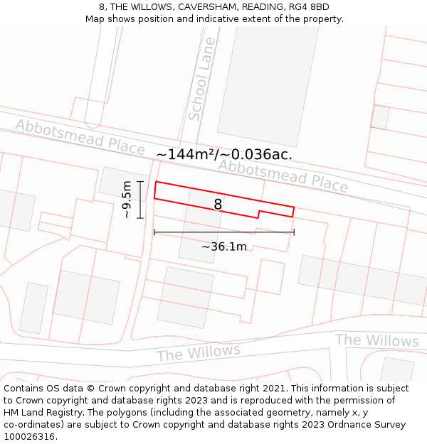 8, THE WILLOWS, CAVERSHAM, READING, RG4 8BD: Plot and title map