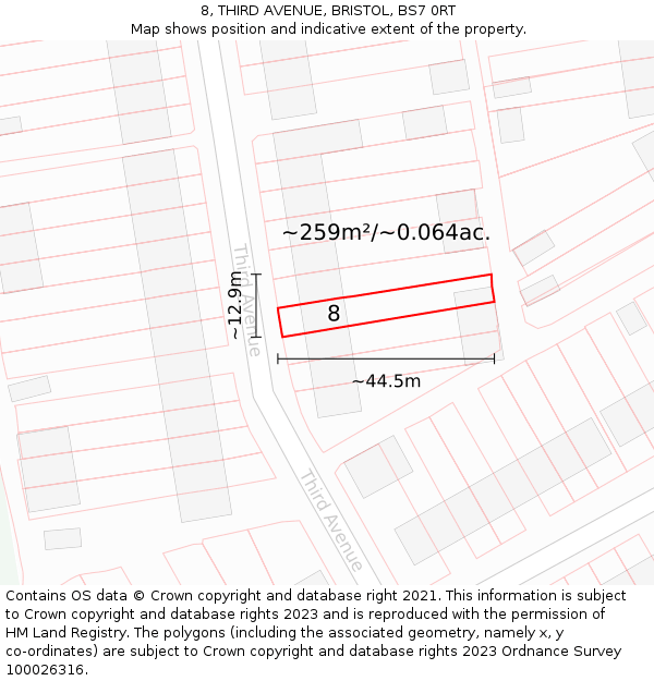 8, THIRD AVENUE, BRISTOL, BS7 0RT: Plot and title map