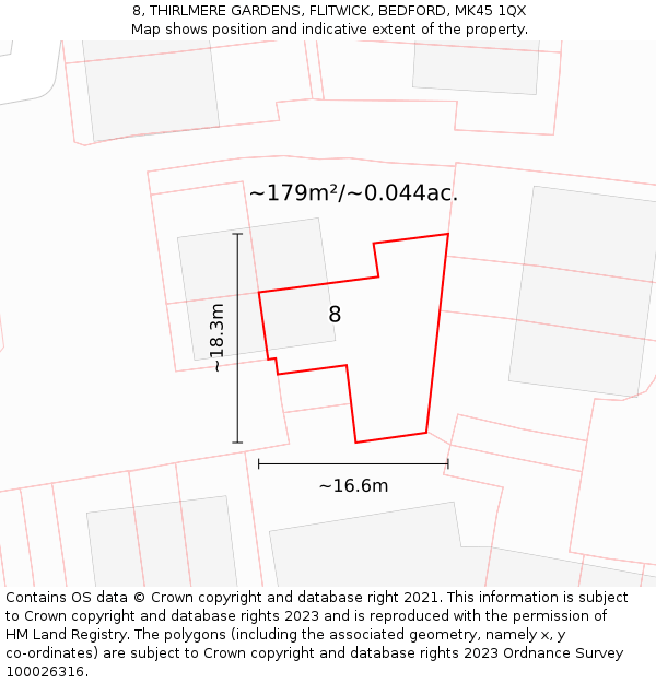 8, THIRLMERE GARDENS, FLITWICK, BEDFORD, MK45 1QX: Plot and title map