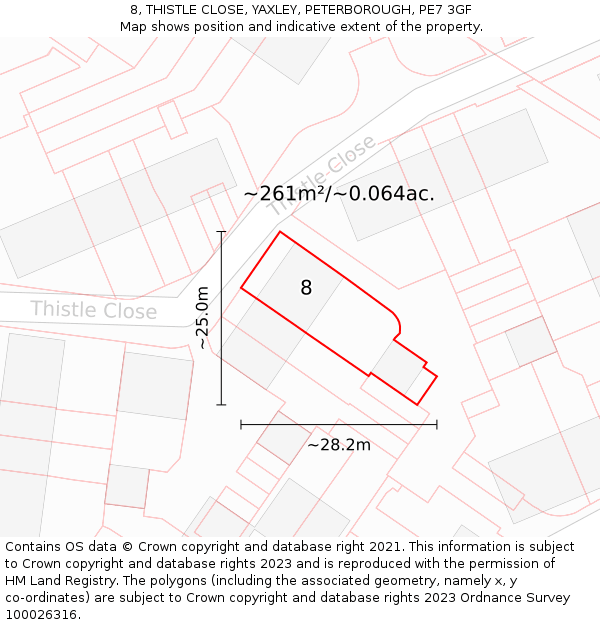 8, THISTLE CLOSE, YAXLEY, PETERBOROUGH, PE7 3GF: Plot and title map