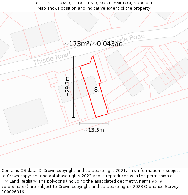 8, THISTLE ROAD, HEDGE END, SOUTHAMPTON, SO30 0TT: Plot and title map