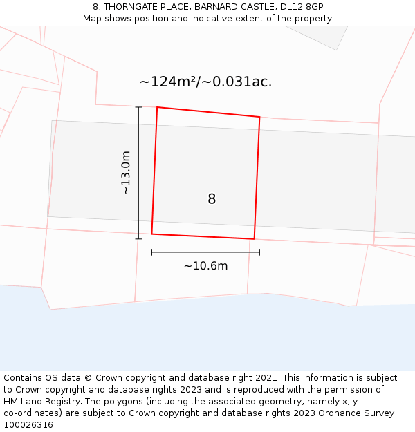8, THORNGATE PLACE, BARNARD CASTLE, DL12 8GP: Plot and title map