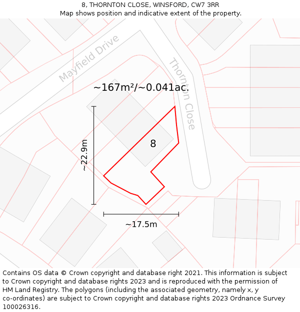 8, THORNTON CLOSE, WINSFORD, CW7 3RR: Plot and title map